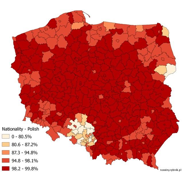 Mapa Polski pokazująca deklaracje narodowościowe w spisie powszechnym / Kartografia Ekstremalna/Szymon Pifczyk