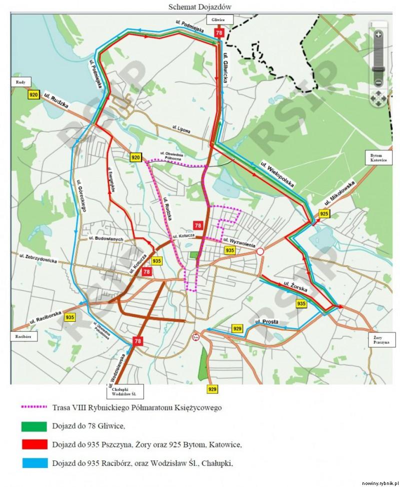 Mapa z planem objazdów / Policja Rybnik