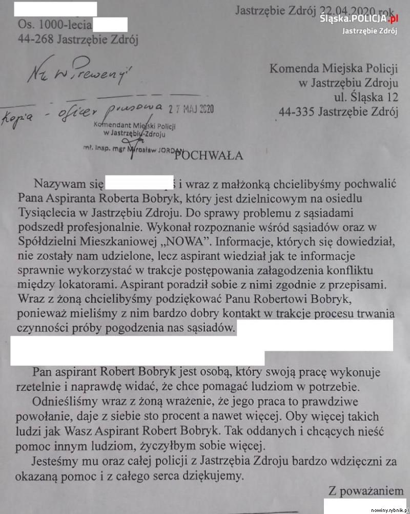 To nie pierwsza pochwała dla aspiranta Roberta Bobryka za sumienne wykonywanie obowiązków służbowych / Policja Jastrzębie